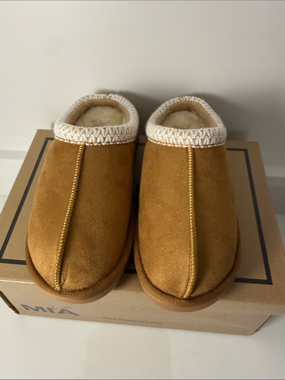 MIA Kids Chestnut Faux Suede Slippers with Cream Knit Collar & Lining - Size 13